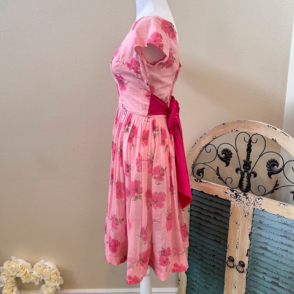SOLD SOLD SOLD 1950s Jane Parker Vintage Pink Floral Bow Betty Dress - Picture 5 of 12